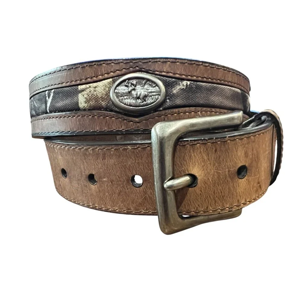 Men's Brown Leather Belt with Camo Inserts Deer Hunter Elk Casual   Waist 33-37